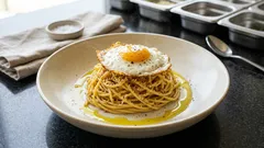 Τσουχτή Μάνης στο σπίτι: μακαρόνια με καβουρντισμένη μυζήθρα και μελάτο αυγό