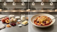 Ζουμερό cobbler ταψιού με ροδάκινα, βανίλιες και κεράσια — χωρίς μίξερ